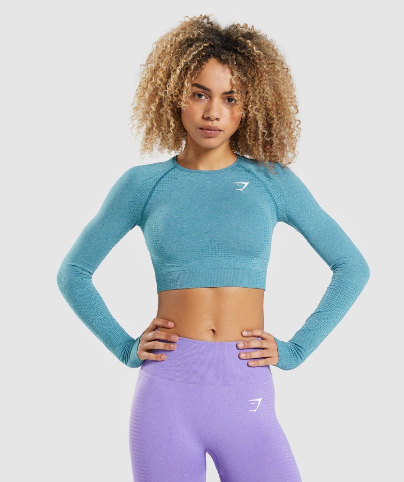 Women\'s Gymshark Vital Seamless 2.0 Long Sleeve Cropped Tops Turquoise | CA 3D0A6N